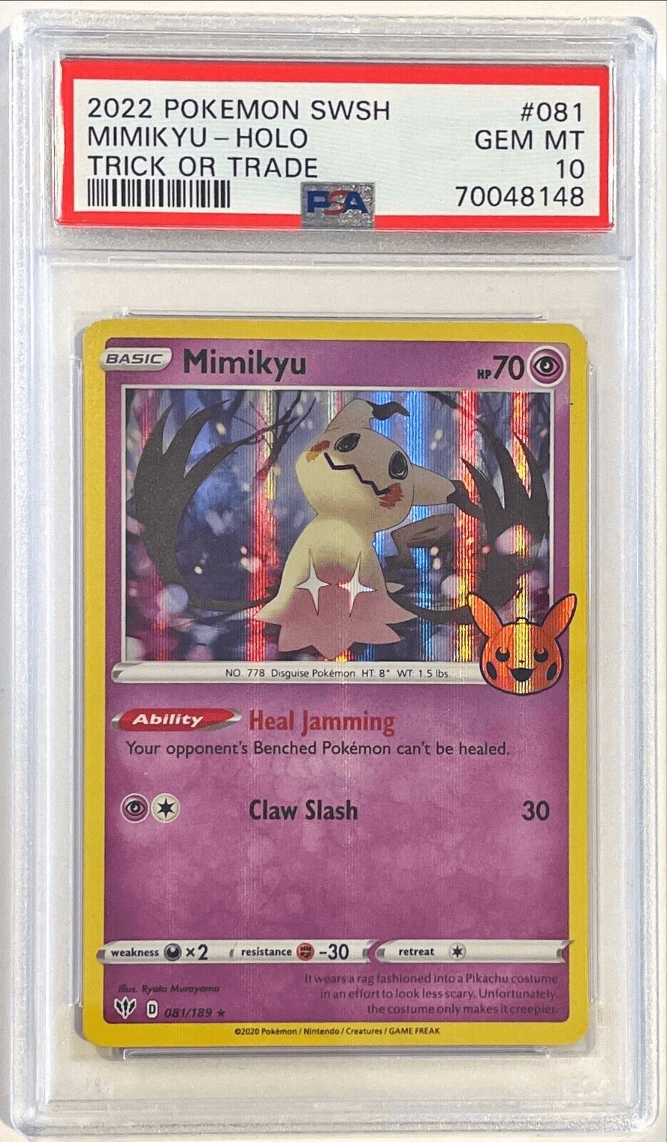 Pokemon Trick or Trade - Mimikyu - Darkness Ablaze 081/189 - Holo Rare Card  - Halloween Stamp